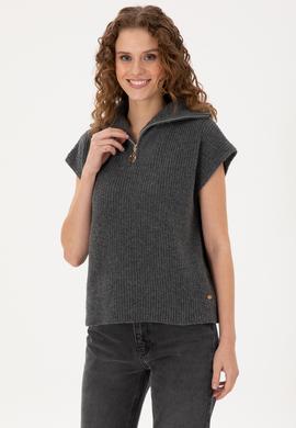 Kadın Antrasit Melanj V Yaka Fermuarlı Kazak - 50297101013