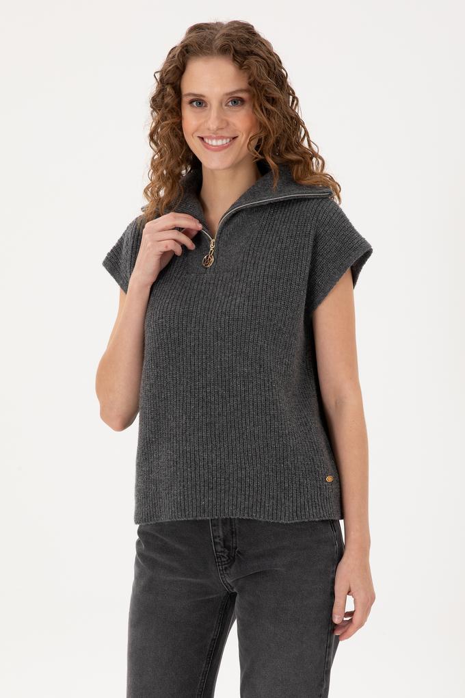 Kadın Antrasit Melanj V Yaka Fermuarlı Kazak