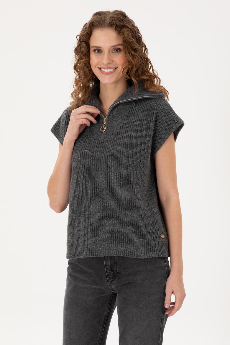 Kadın Antrasit Melanj V Yaka Fermuarlı Kazak