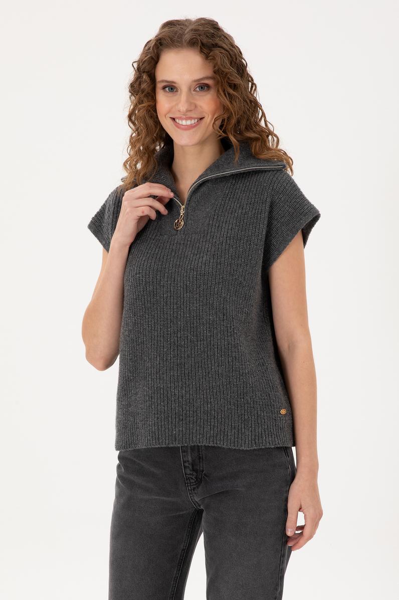 Kadın Antrasit Melanj V Yaka Fermuarlı Kazak