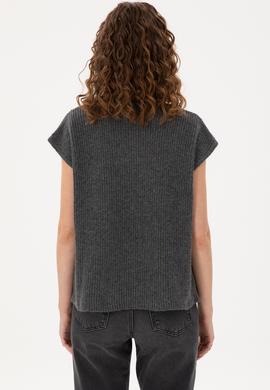 Kadın Antrasit Melanj V Yaka Fermuarlı Kazak - 50297101013