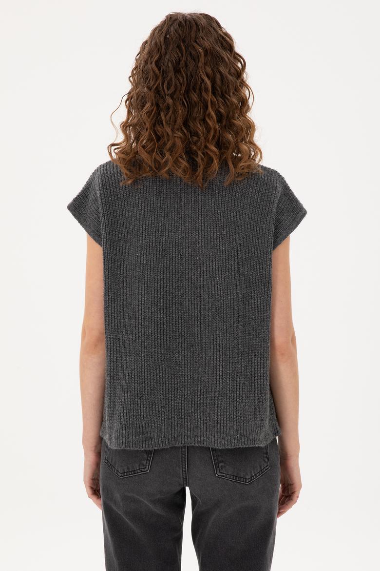 Kadın Antrasit Melanj V Yaka Fermuarlı Kazak - 50297101013