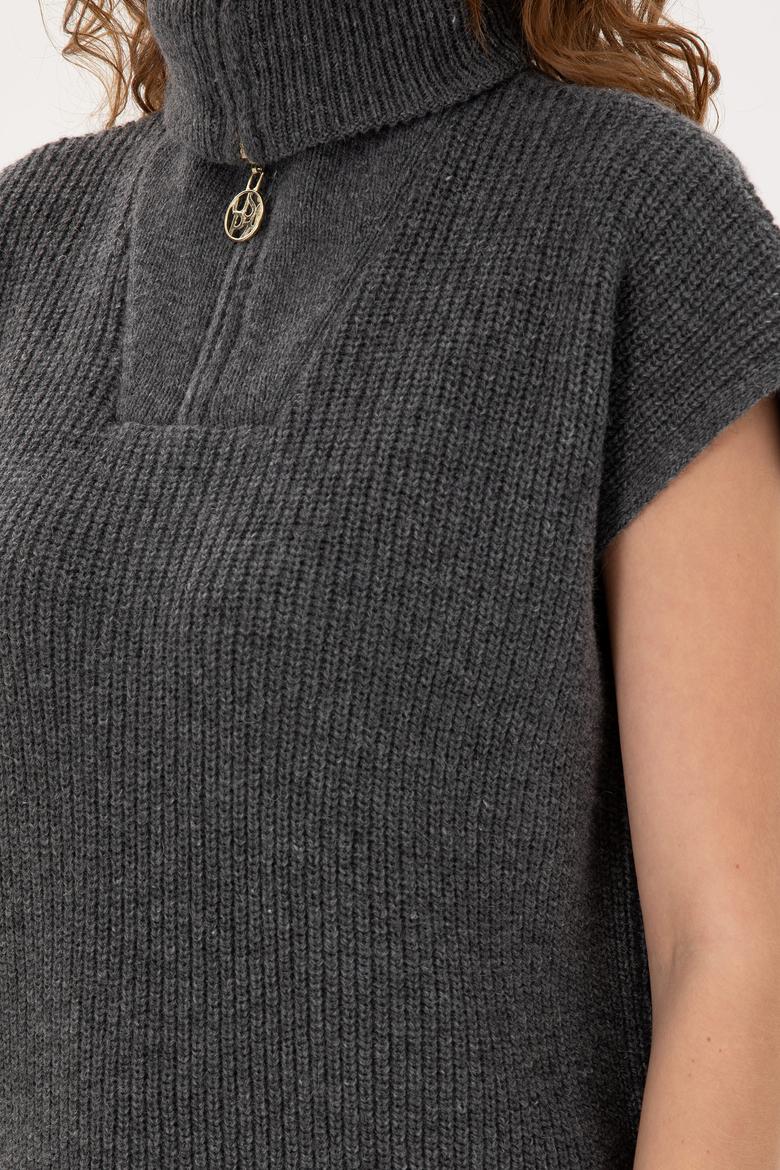 Kadın Antrasit Melanj V Yaka Fermuarlı Kazak - 50297101013