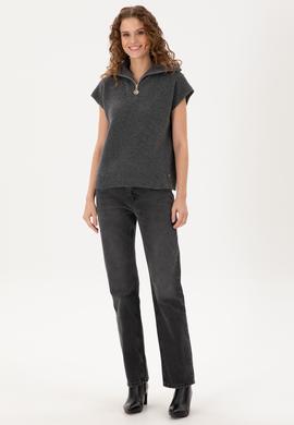 Kadın Antrasit Melanj V Yaka Fermuarlı Kazak - 50297101013