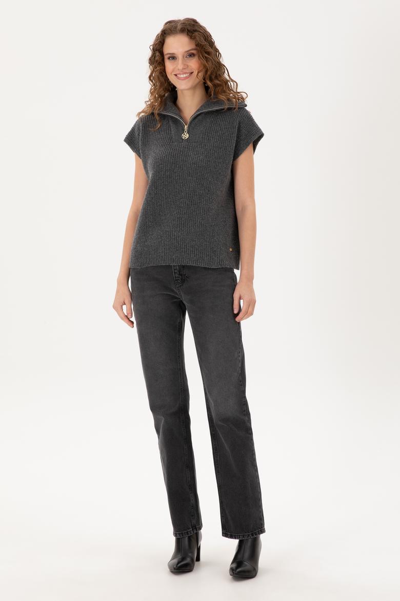 Kadın Antrasit Melanj V Yaka Fermuarlı Kazak - 50297101013