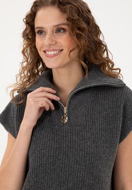 Kadın Antrasit Melanj V Yaka Fermuarlı Kazak - 50297101013