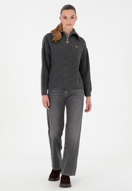 Kadın Antrasit Melanj V Yaka Fermuarlı Kazak - 50297086037