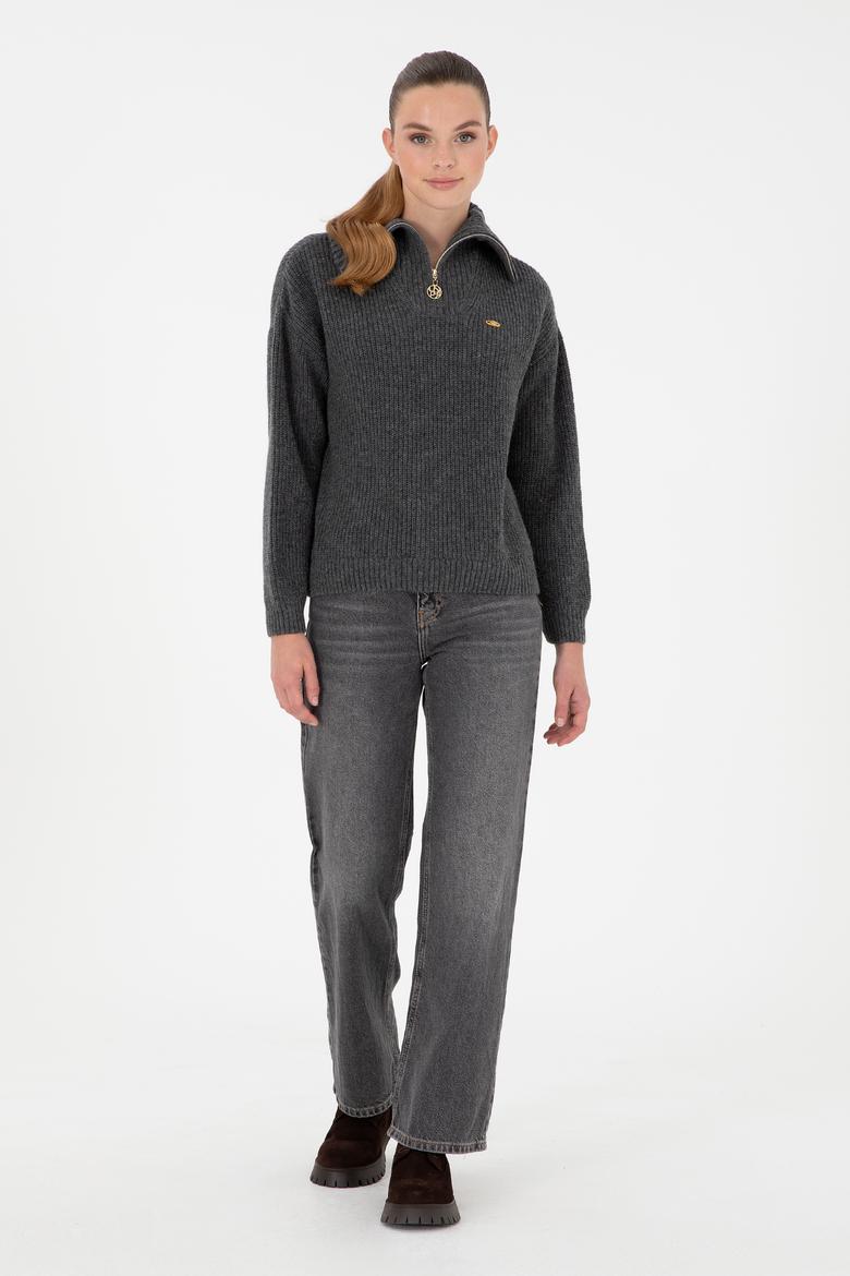 Kadın Antrasit Melanj V Yaka Fermuarlı Kazak - 50297086037