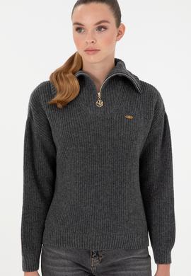 Kadın Antrasit Melanj V Yaka Fermuarlı Kazak - 50297086037