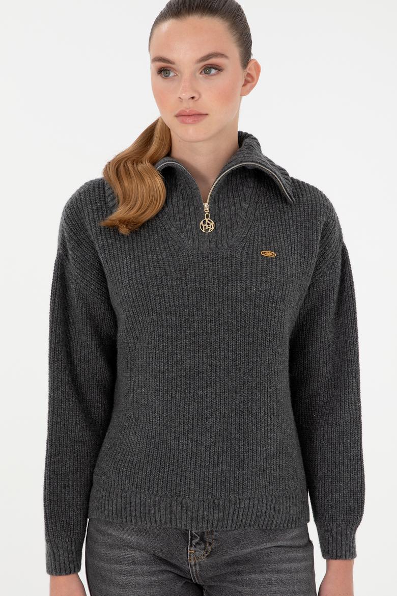 Kadın Antrasit Melanj V Yaka Fermuarlı Kazak - 50297086037