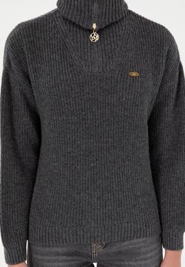 Kadın Antrasit Melanj V Yaka Fermuarlı Kazak - 50297086037