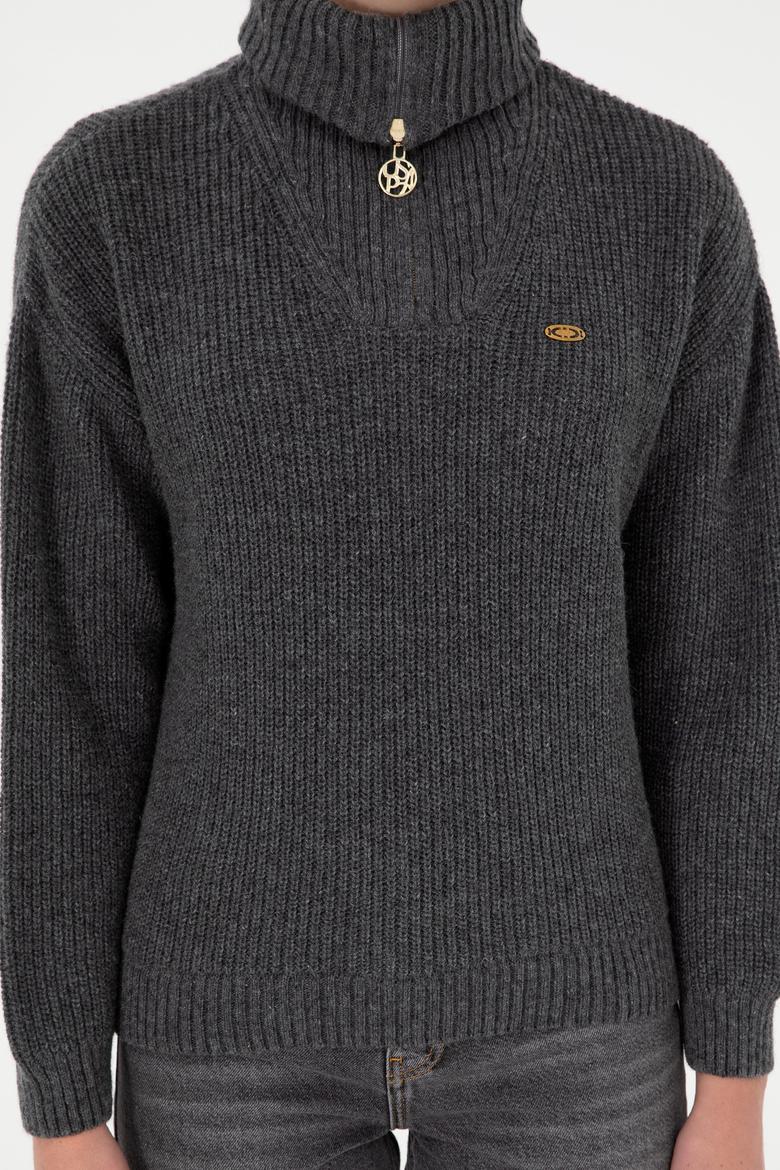 Kadın Antrasit Melanj V Yaka Fermuarlı Kazak - 50297086037