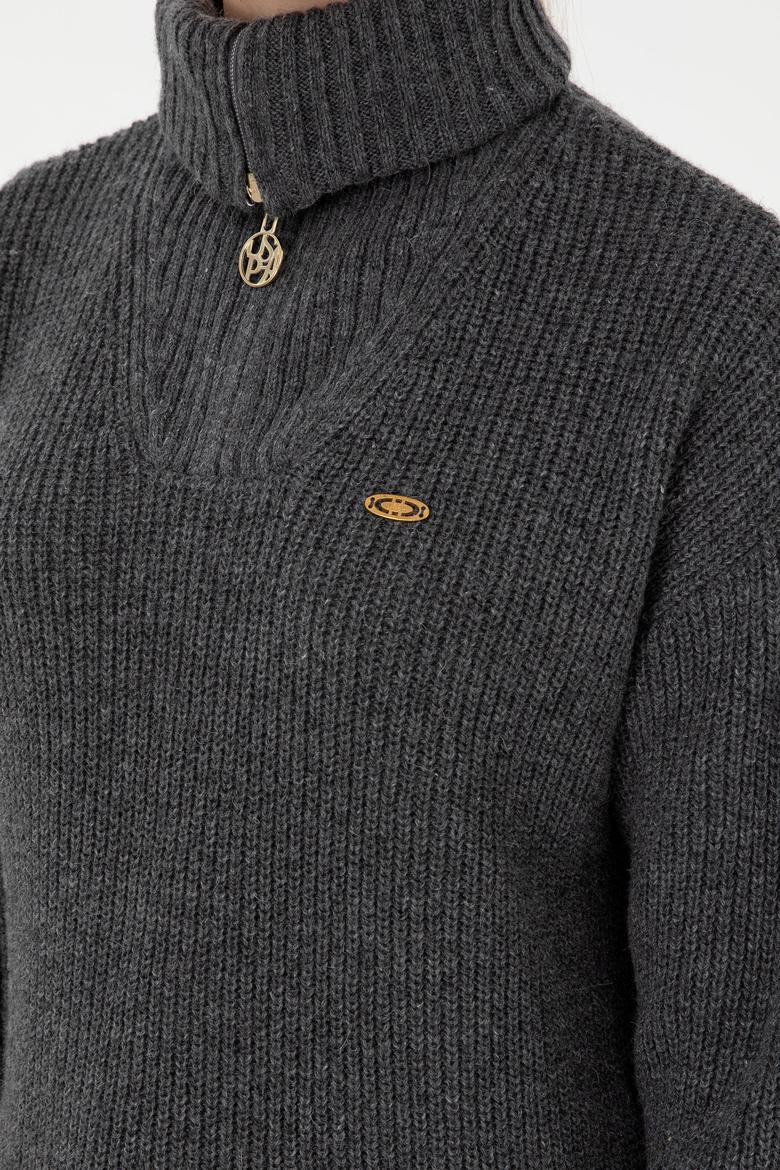 Kadın Antrasit Melanj V Yaka Fermuarlı Kazak - 50297086037