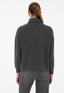 Kadın Antrasit Melanj V Yaka Fermuarlı Kazak - 50297086037