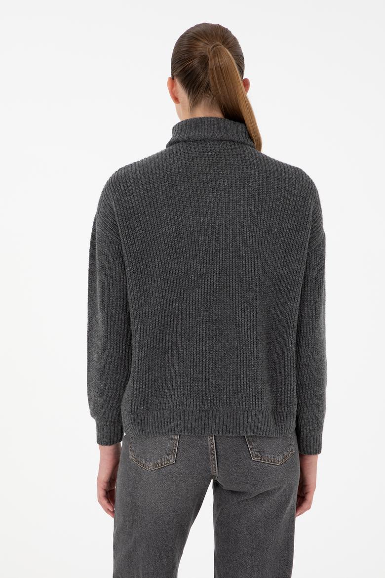 Kadın Antrasit Melanj V Yaka Fermuarlı Kazak - 50297086037