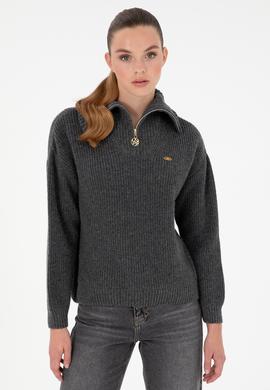 Kadın Antrasit Melanj V Yaka Fermuarlı Kazak - 50297086037