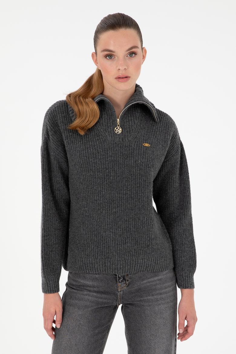 Kadın Antrasit Melanj V Yaka Fermuarlı Kazak