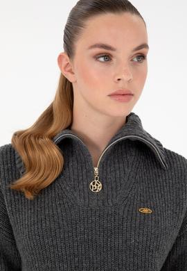 Kadın Antrasit Melanj V Yaka Fermuarlı Kazak - 50297086037