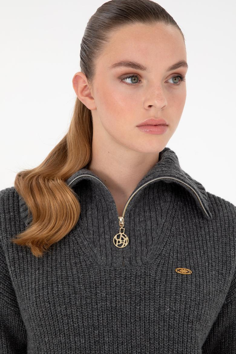 Kadın Antrasit Melanj V Yaka Fermuarlı Kazak - 50297086037