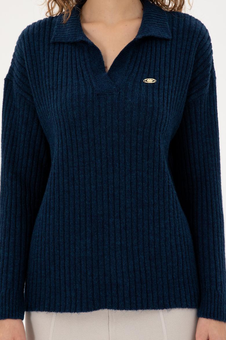 Kadın Lacivert Polo Yaka Kazak - 50297093003