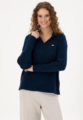 Kadın Lacivert Polo Yaka Kazak - 50297093003