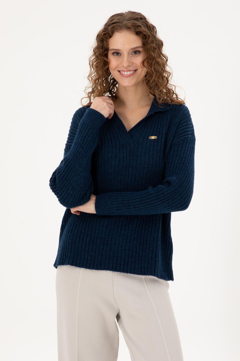 Kadın Lacivert Polo Yaka Kazak