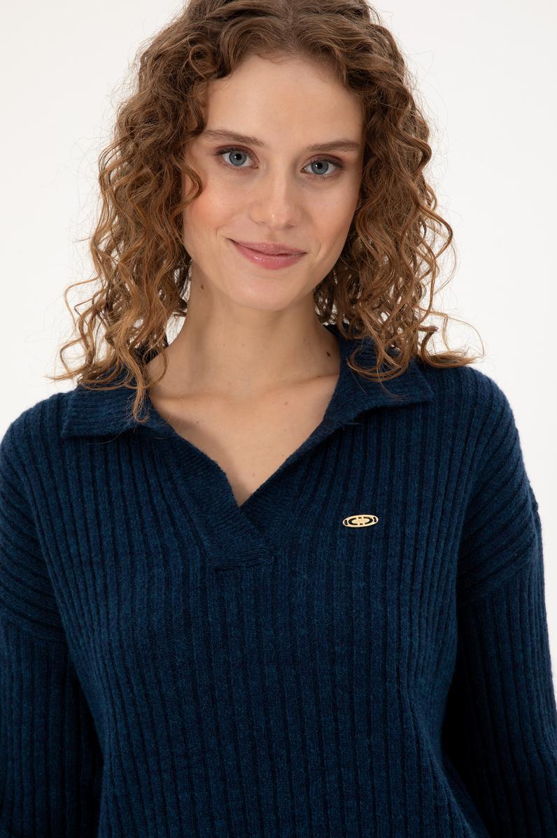 Kadın Lacivert Polo Yaka Kazak