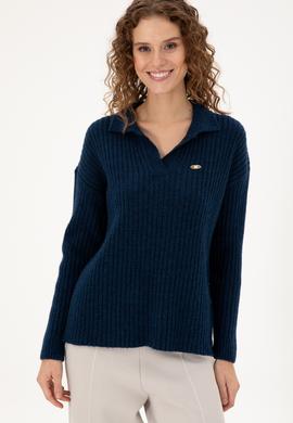 Kadın Lacivert Polo Yaka Kazak - 50297093003