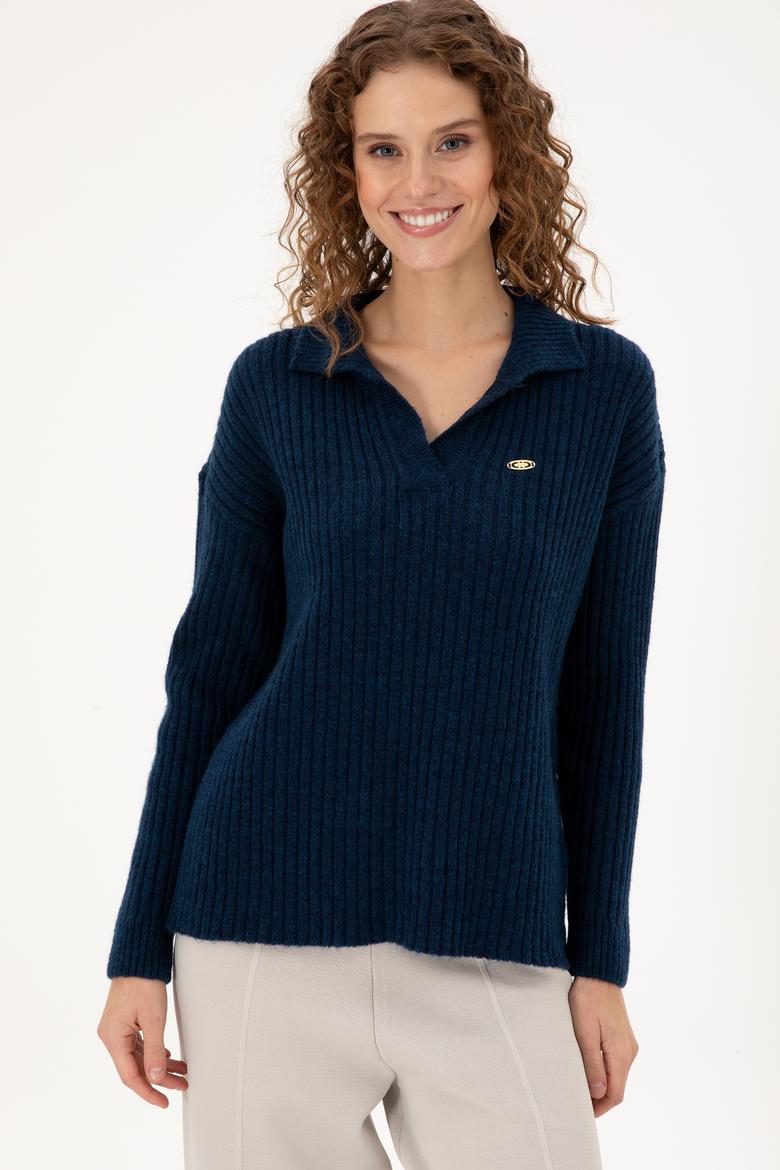 Kadın Lacivert Polo Yaka Kazak - 50297093003