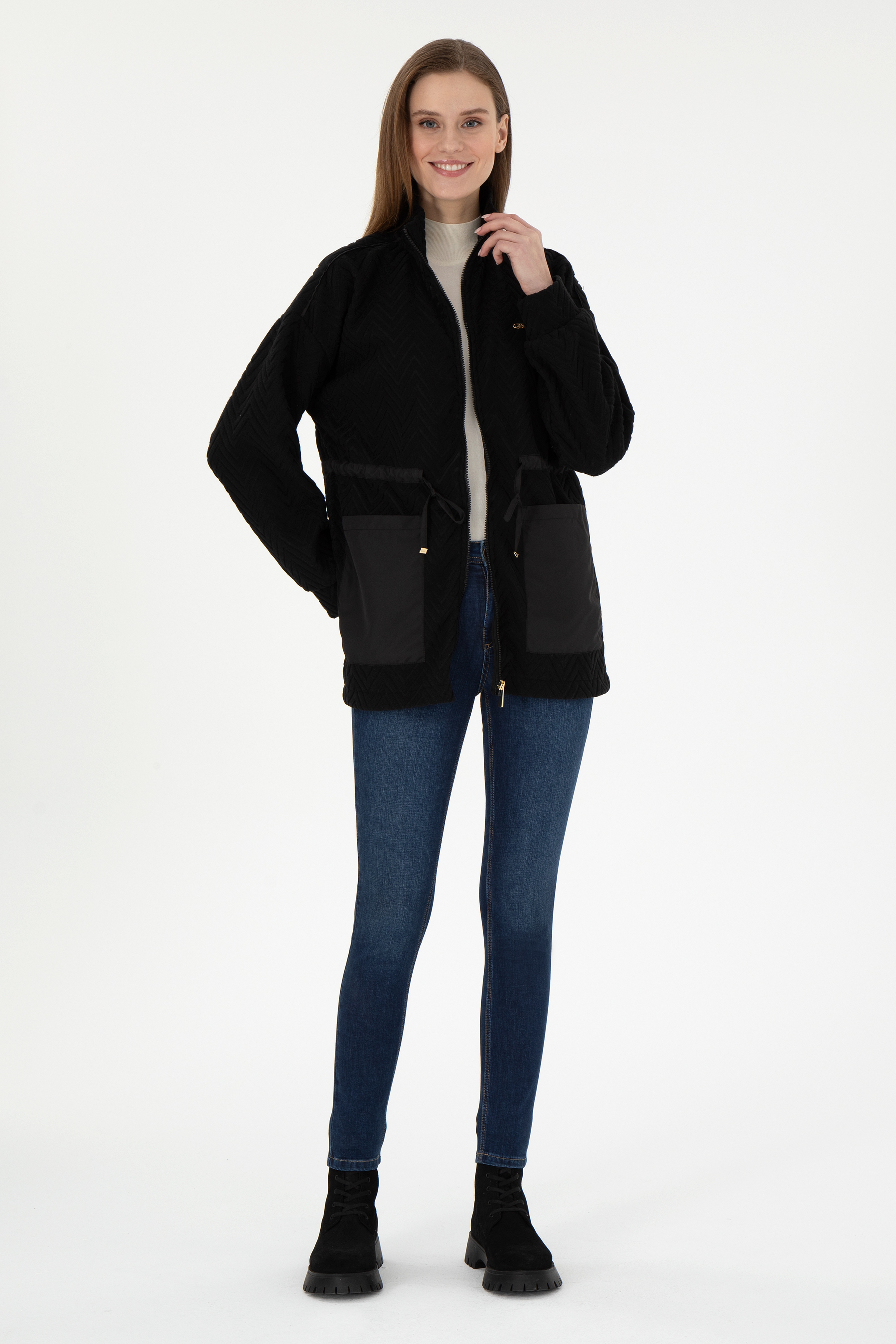 Kadın Siyah Fermuarlı Dik Yaka Sweatshirt - Image 4