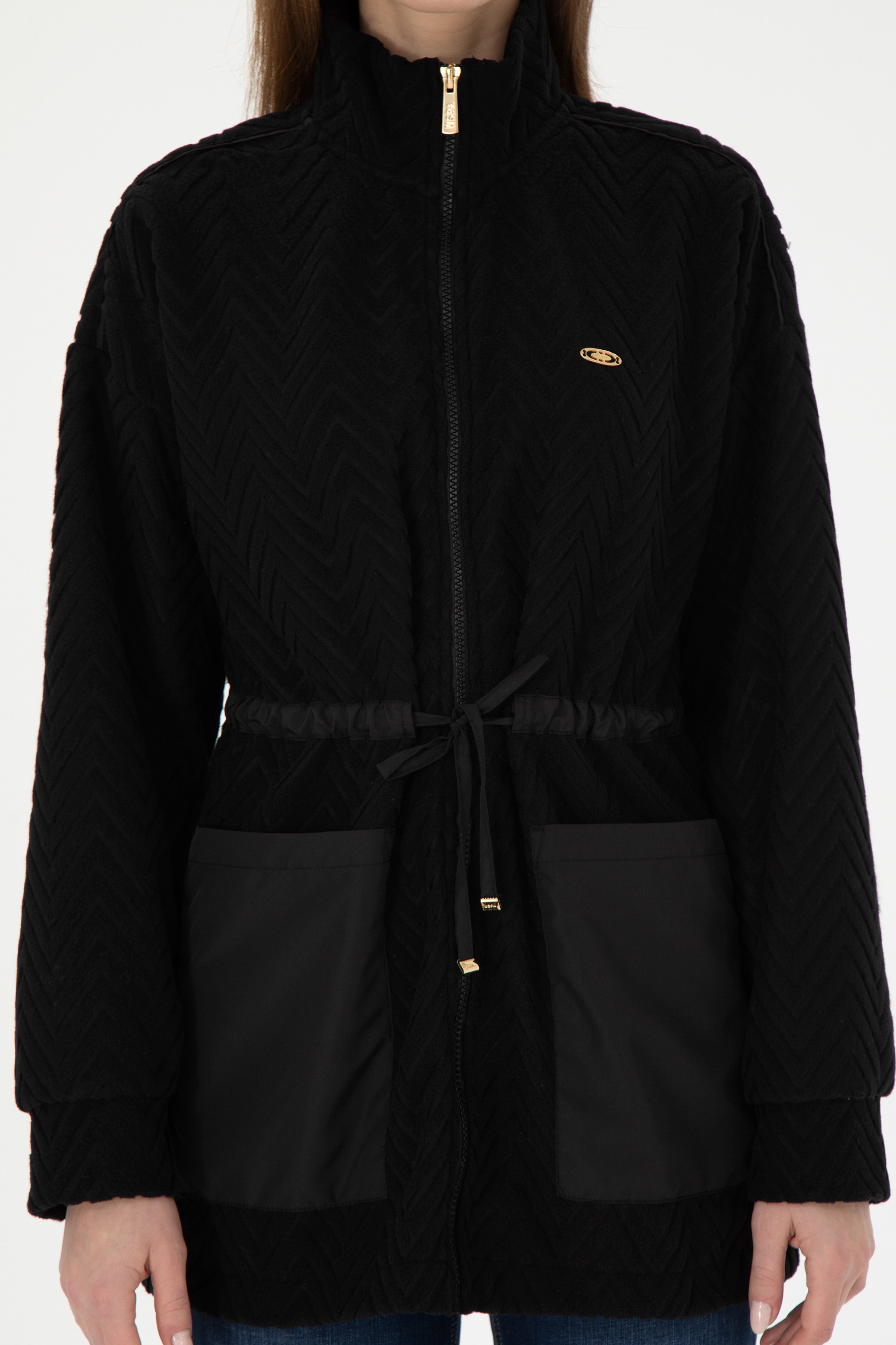 Kadın Siyah Fermuarlı Dik Yaka Sweatshirt - Image 6