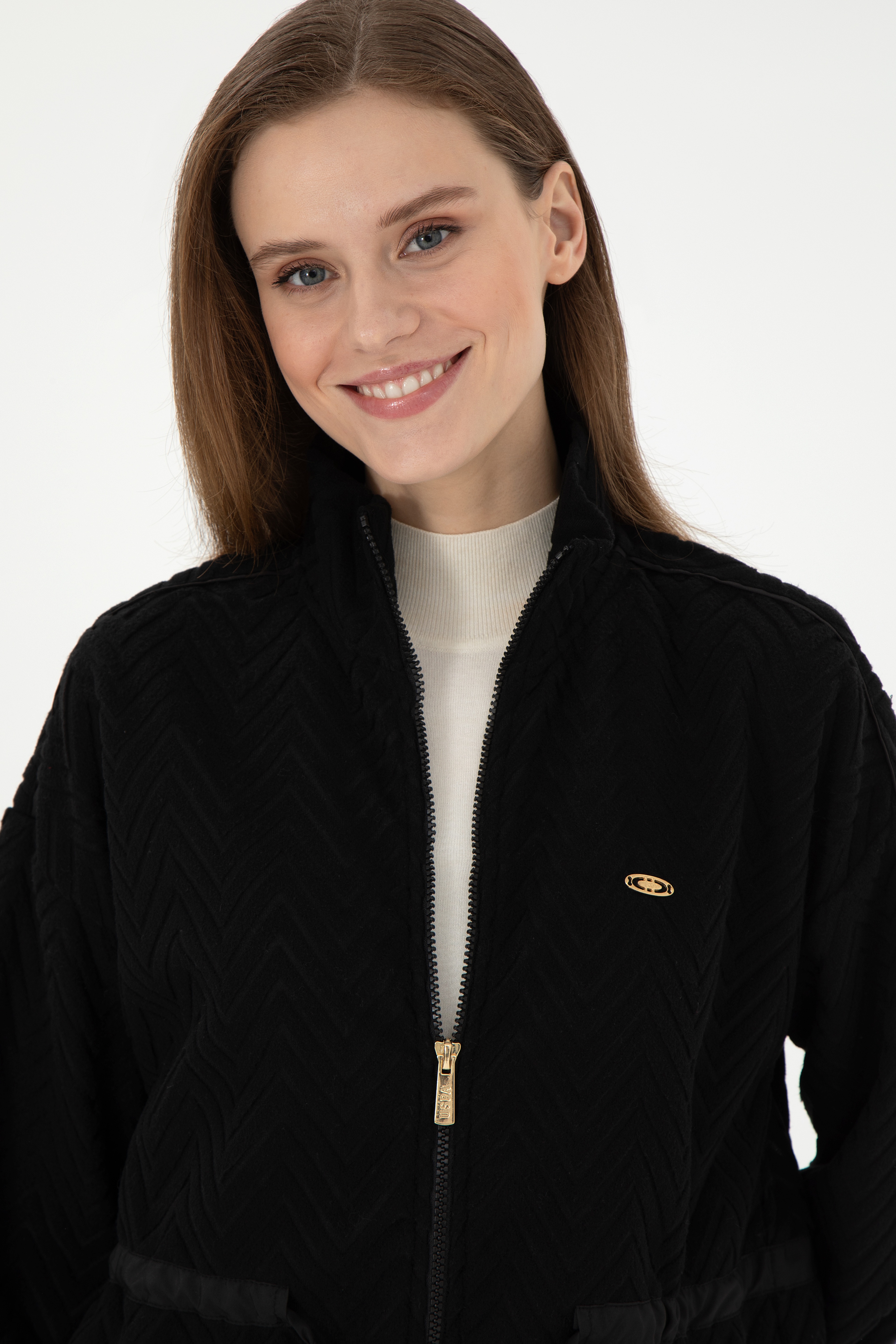 Kadın Siyah Fermuarlı Dik Yaka Sweatshirt - Image 2