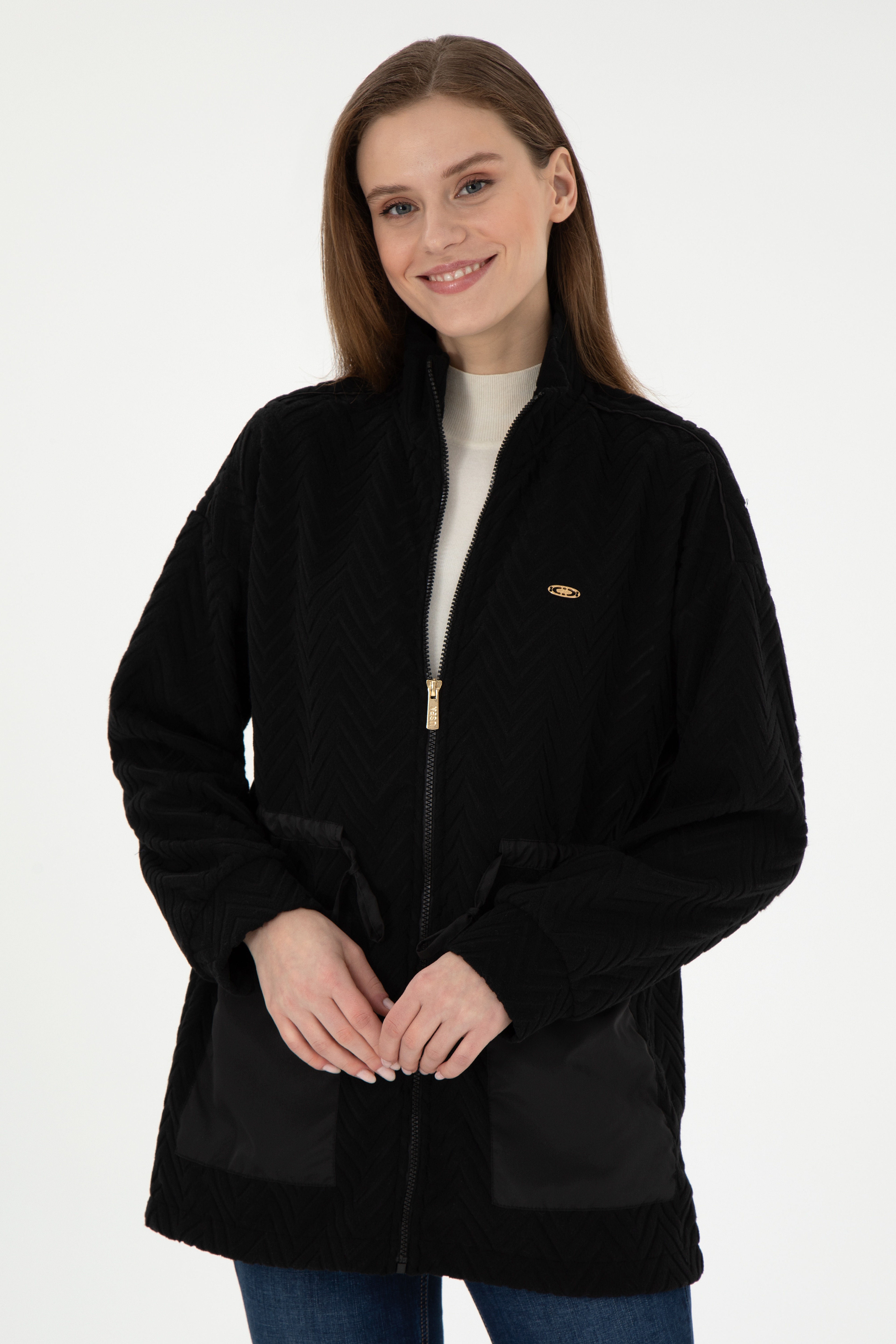 Kadın Siyah Fermuarlı Dik Yaka Sweatshirt - Image 3