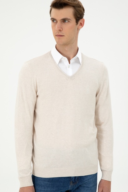 Erkek Slim Fit V Yaka Krem Melanj Basic Kazak