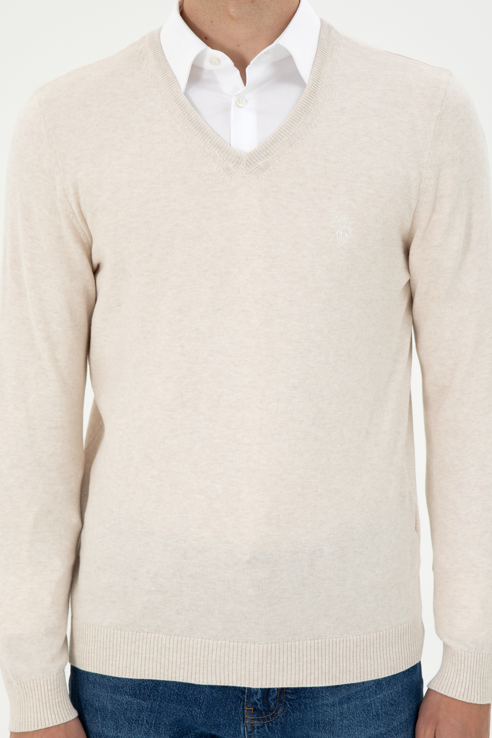 Erkek Slim Fit V Yaka Krem Melanj Basic Kazak - Image 6
