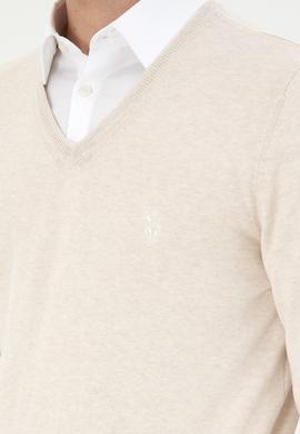 Erkek Slim Fit V Yaka Krem Melanj Basic Kazak - 50294764005