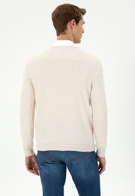 Erkek Slim Fit V Yaka Krem Melanj Basic Kazak - 50294764005