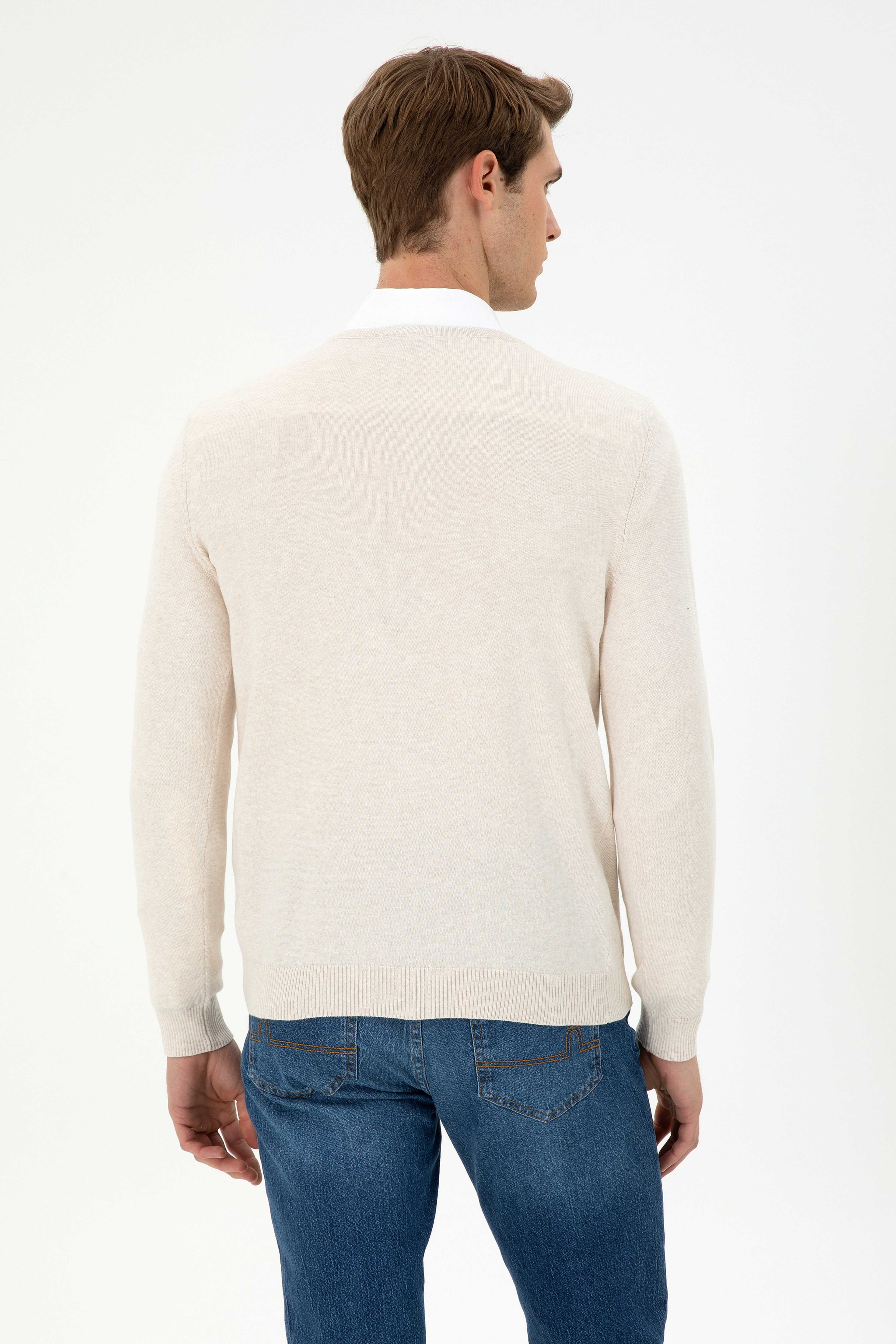 Erkek Slim Fit V Yaka Krem Melanj Basic Kazak