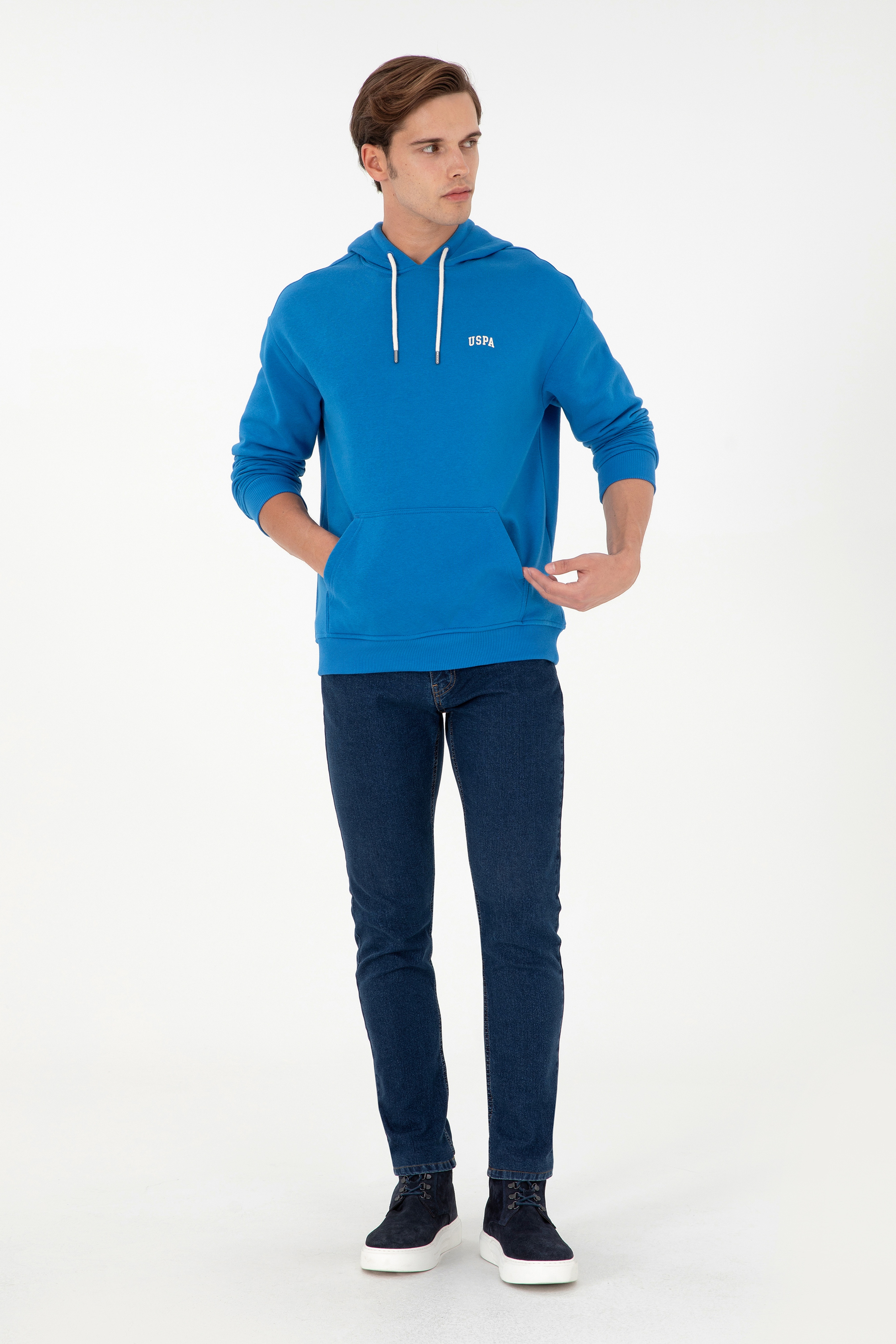 Erkek Kapüşonlu Kobalt Basic Sweatshirt - Image 4