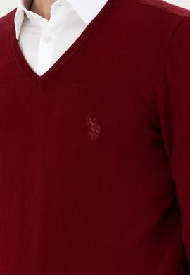 Erkek Slim Fit V Yaka Bordo Basic Kazak - 50294764034