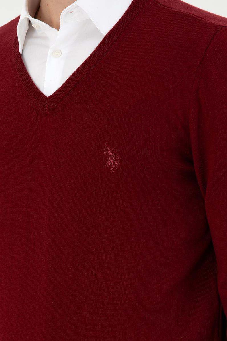 Erkek Slim Fit V Yaka Bordo Basic Kazak