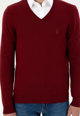 Erkek Slim Fit V Yaka Bordo Basic Kazak - 50294764034