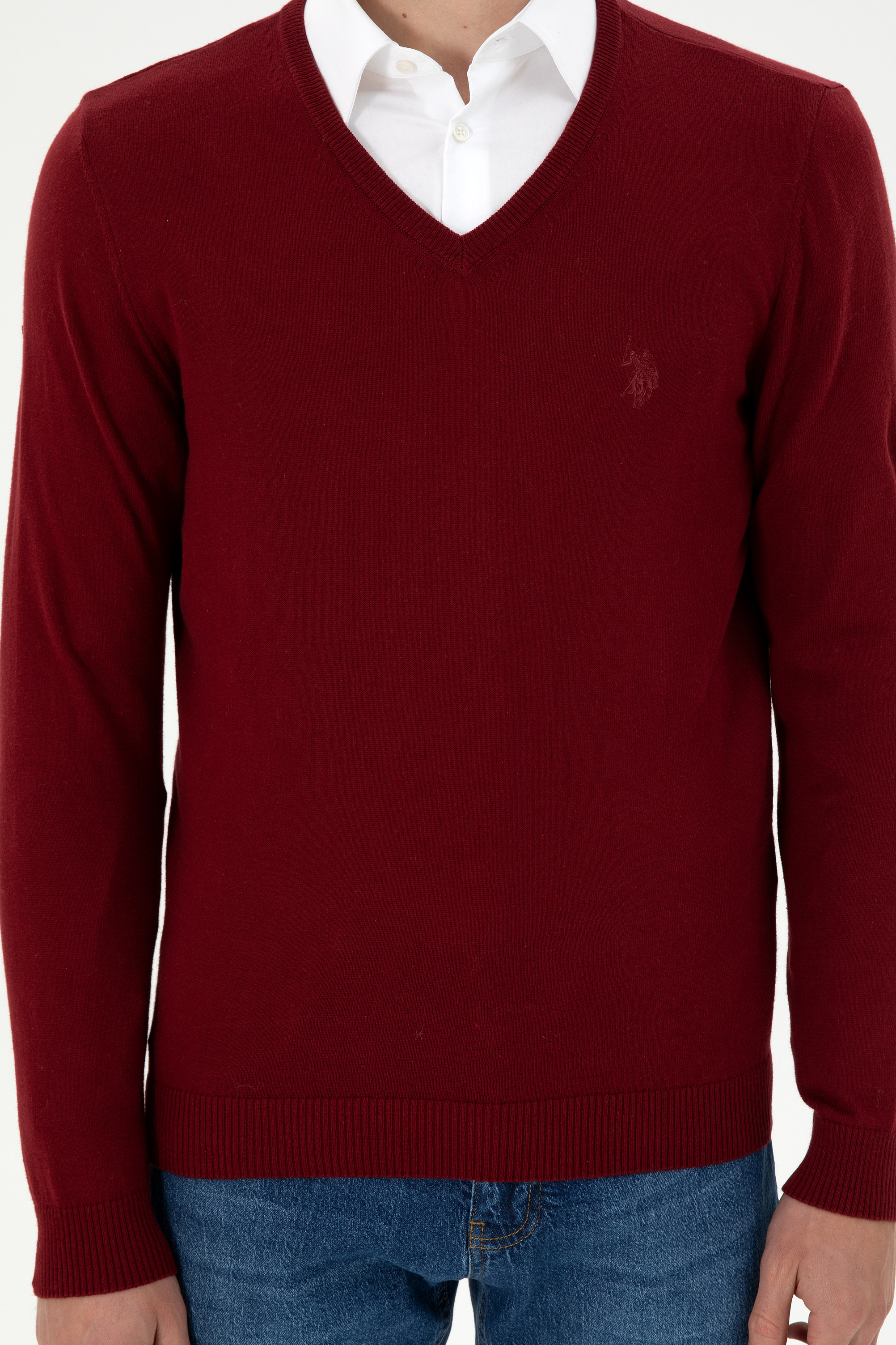 Erkek Slim Fit V Yaka Bordo Basic Kazak