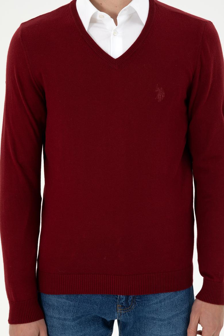 Erkek Slim Fit V Yaka Bordo Basic Kazak - 50294764034