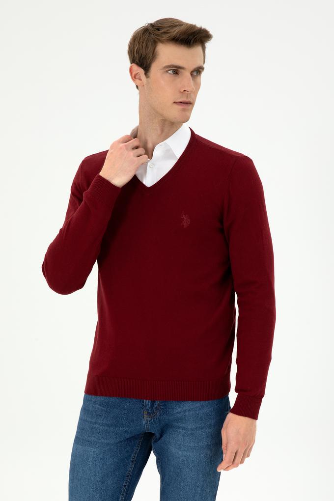 Erkek Slim Fit V Yaka Bordo Basic Kazak