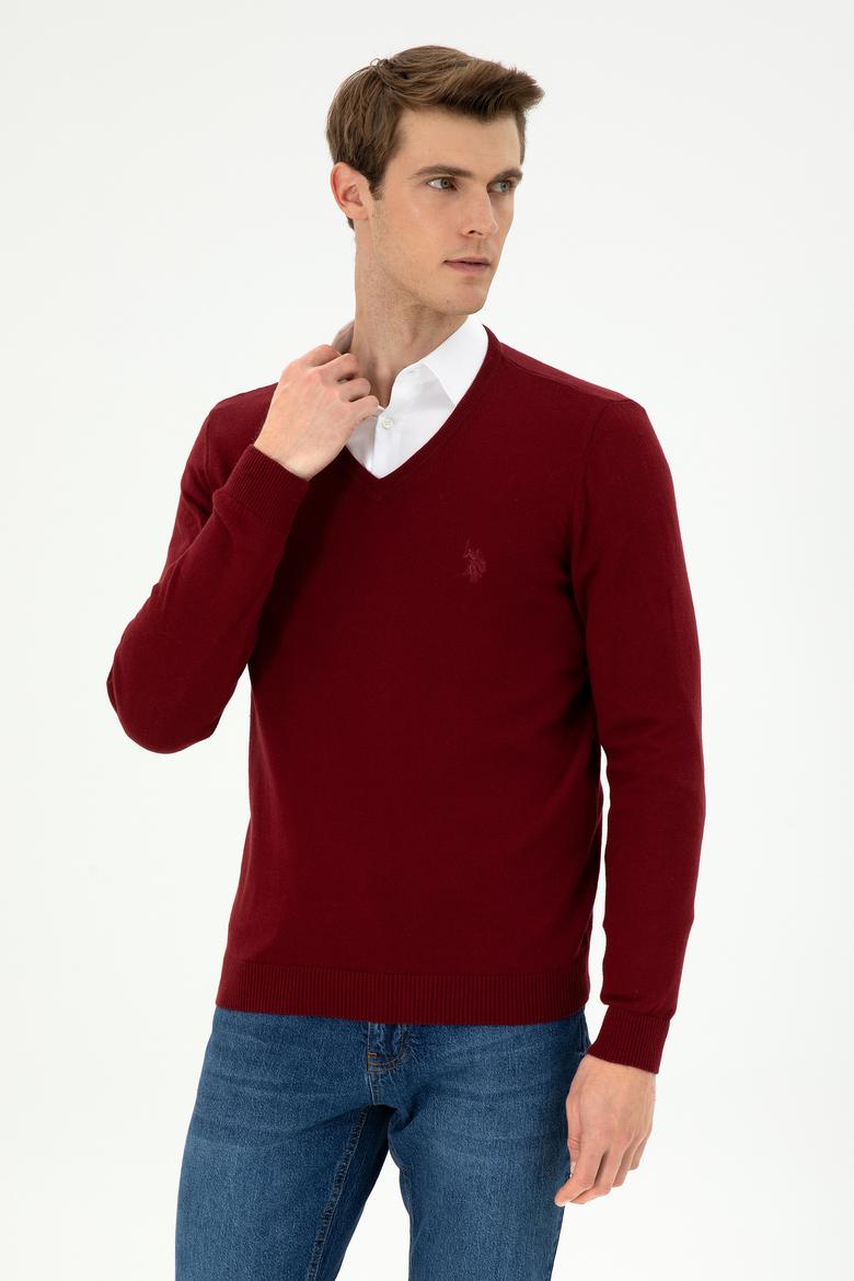 Erkek Slim Fit V Yaka Bordo Basic Kazak