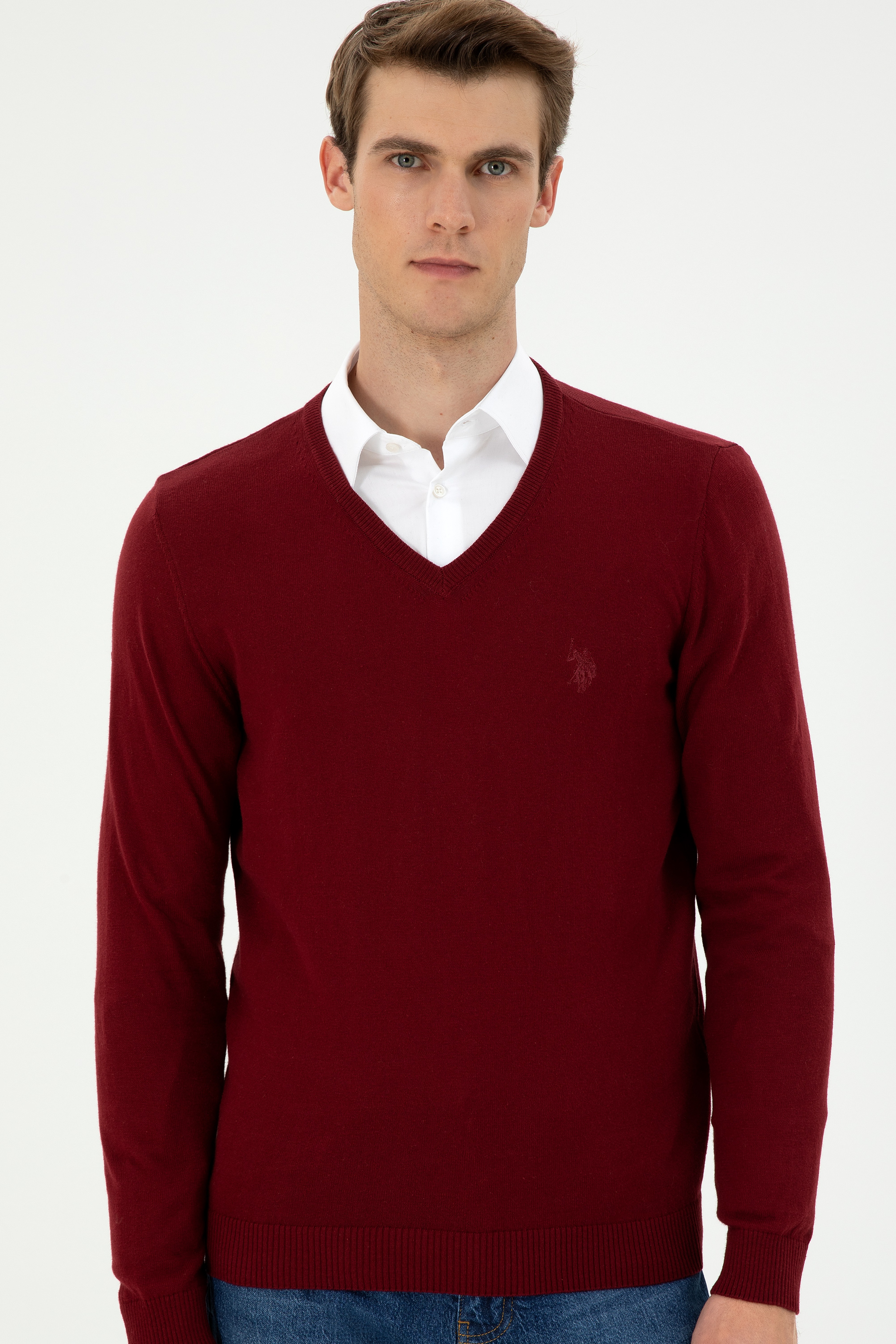 Erkek Slim Fit V Yaka Bordo Basic Kazak