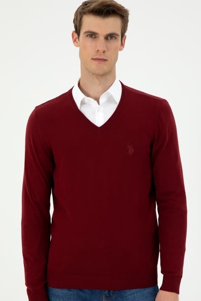 Erkek Slim Fit V Yaka Bordo Basic Kazak
