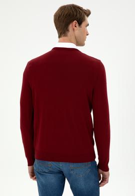Erkek Slim Fit V Yaka Bordo Basic Kazak - 50294764034