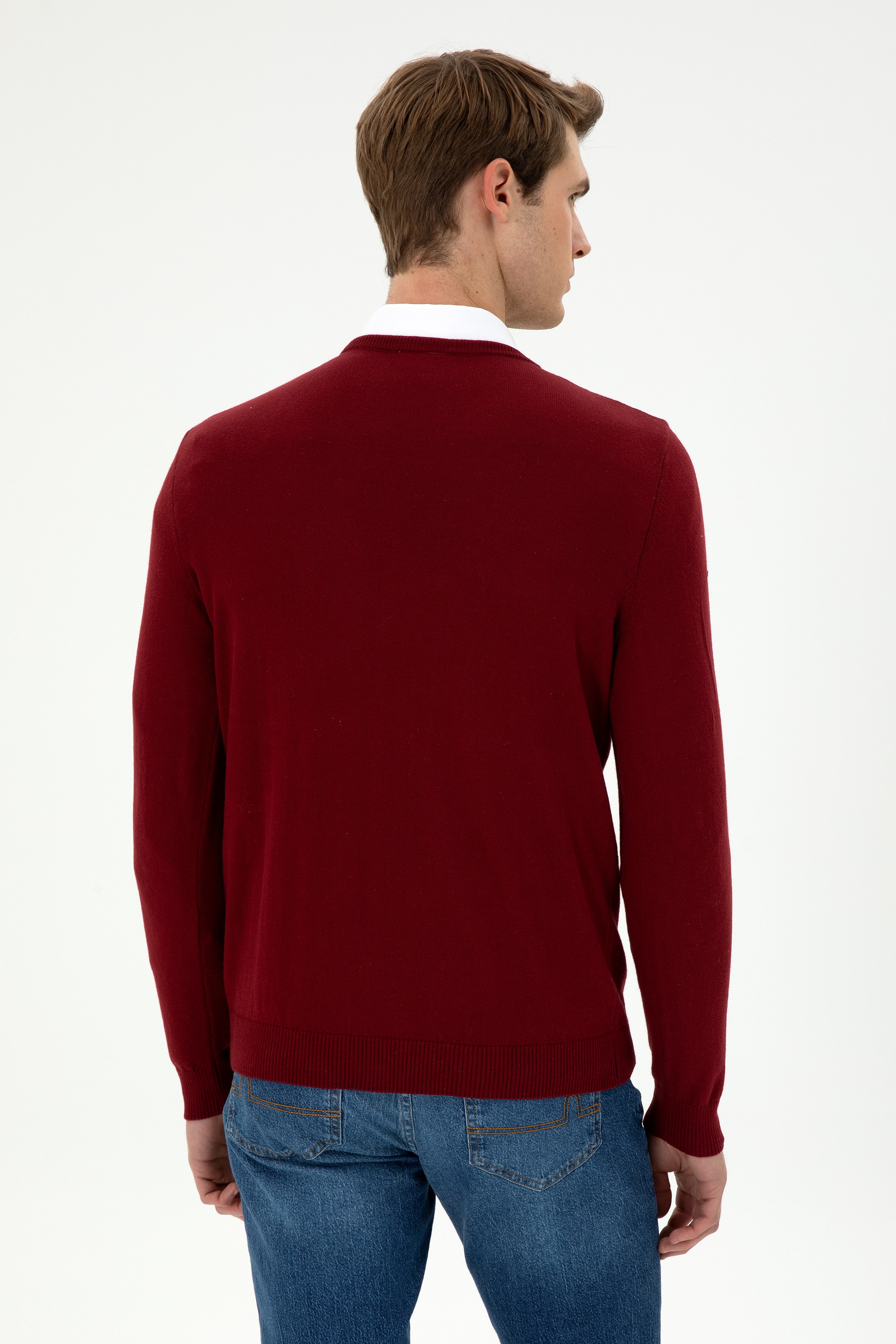 Erkek Slim Fit V Yaka Bordo Basic Kazak - Image 5